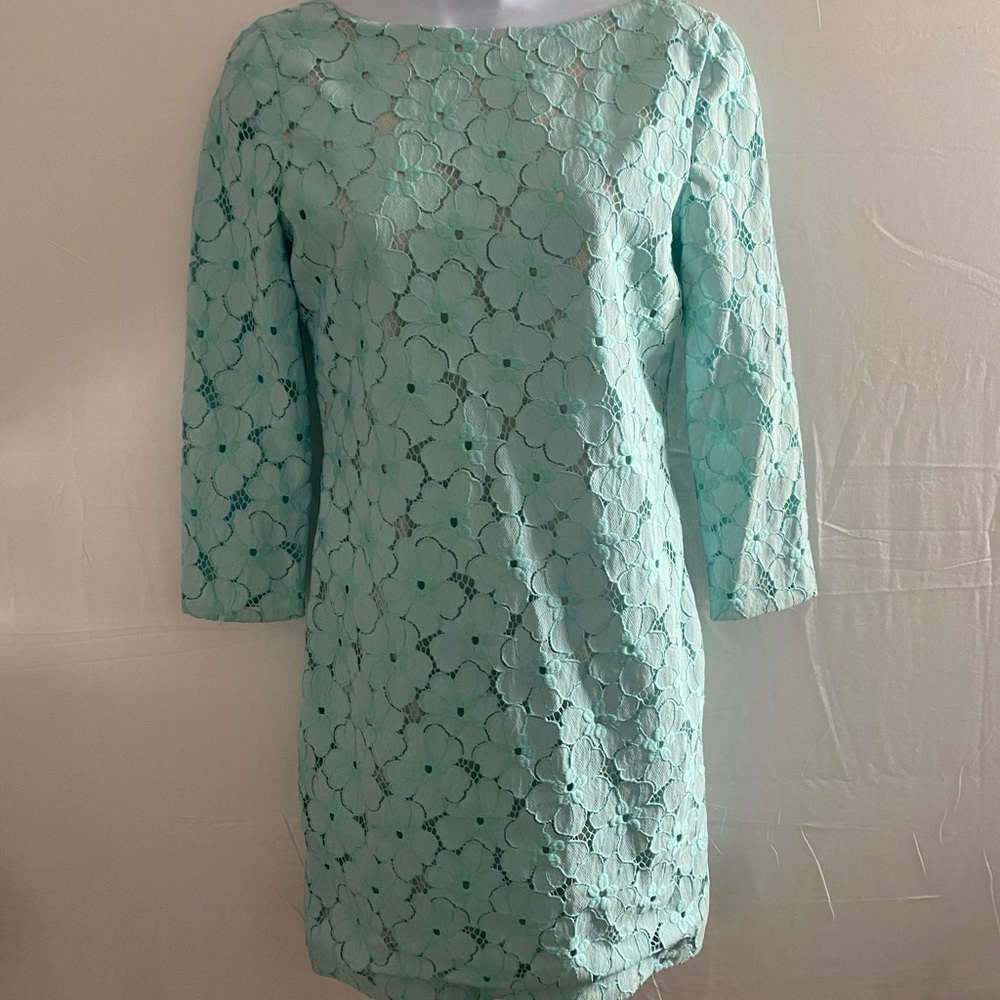 Diane Von Furstenberg Vintage Light Blue Floral Overlay 3/4 Sleeve Dress, size 2